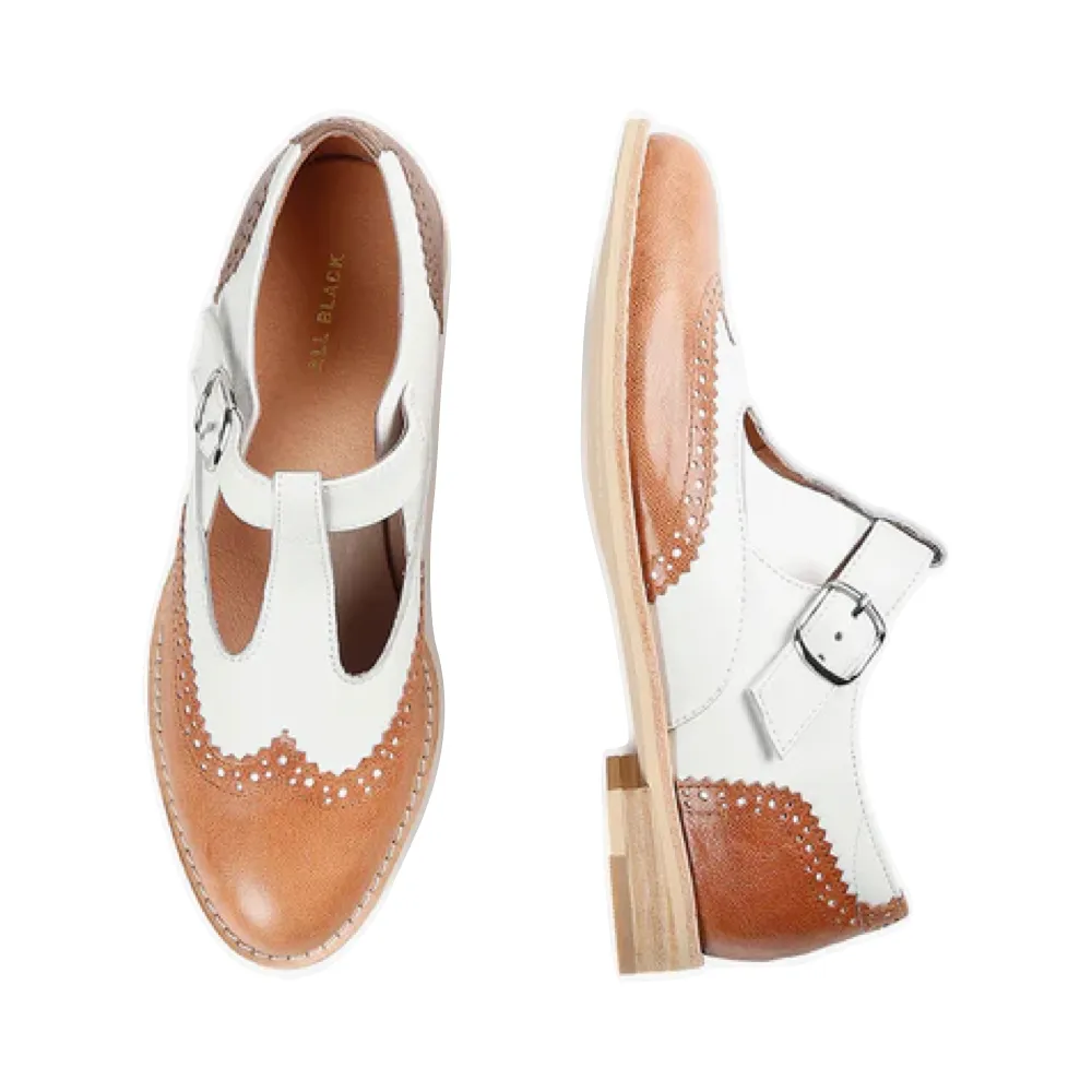 Escarpins Mary Jane en cuir à ailes ceinturées pour femmes en noir, marron/blanc