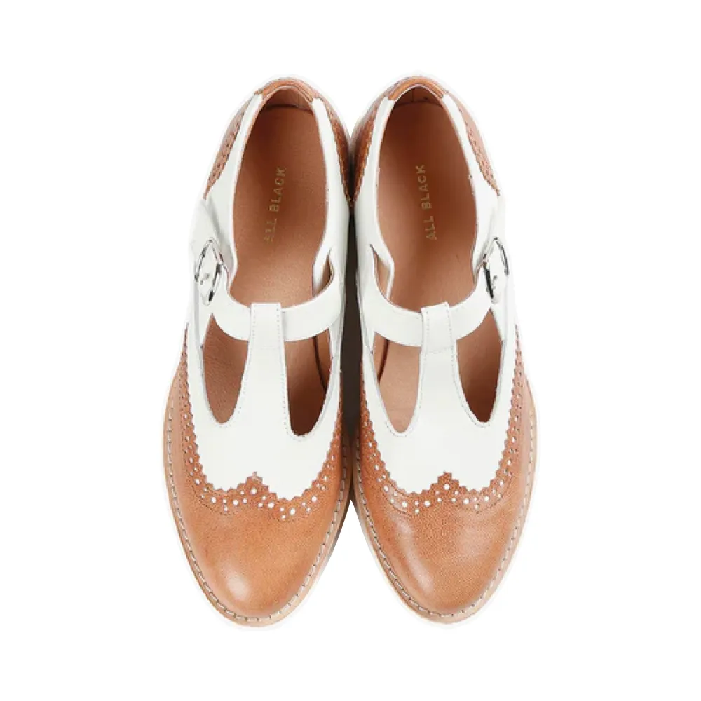 Escarpins Mary Jane en cuir à ailes ceinturées pour femmes en noir, marron/blanc