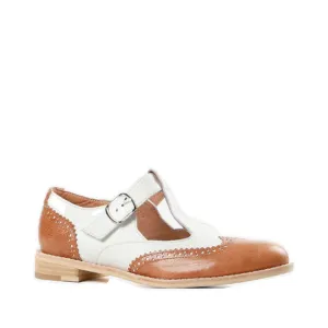 Escarpins Mary Jane en cuir à ailes ceinturées pour femmes en noir, marron/blanc