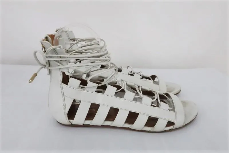 Sandales Gladiator Aquazzura Amazon en cuir blanc Taille 37.5 à lacets plates
