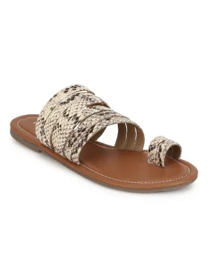 Sandales plates en PU imitation serpent beige naturel à enfiler