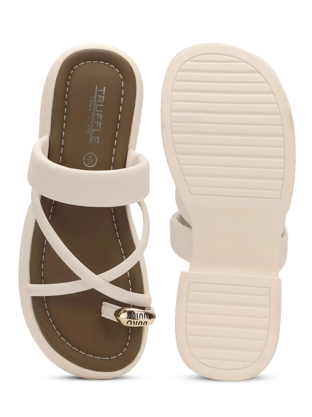 Ballerines à enfiler en PU beige avec anneau d'orteil doré (TC-RS3597-BEIG)