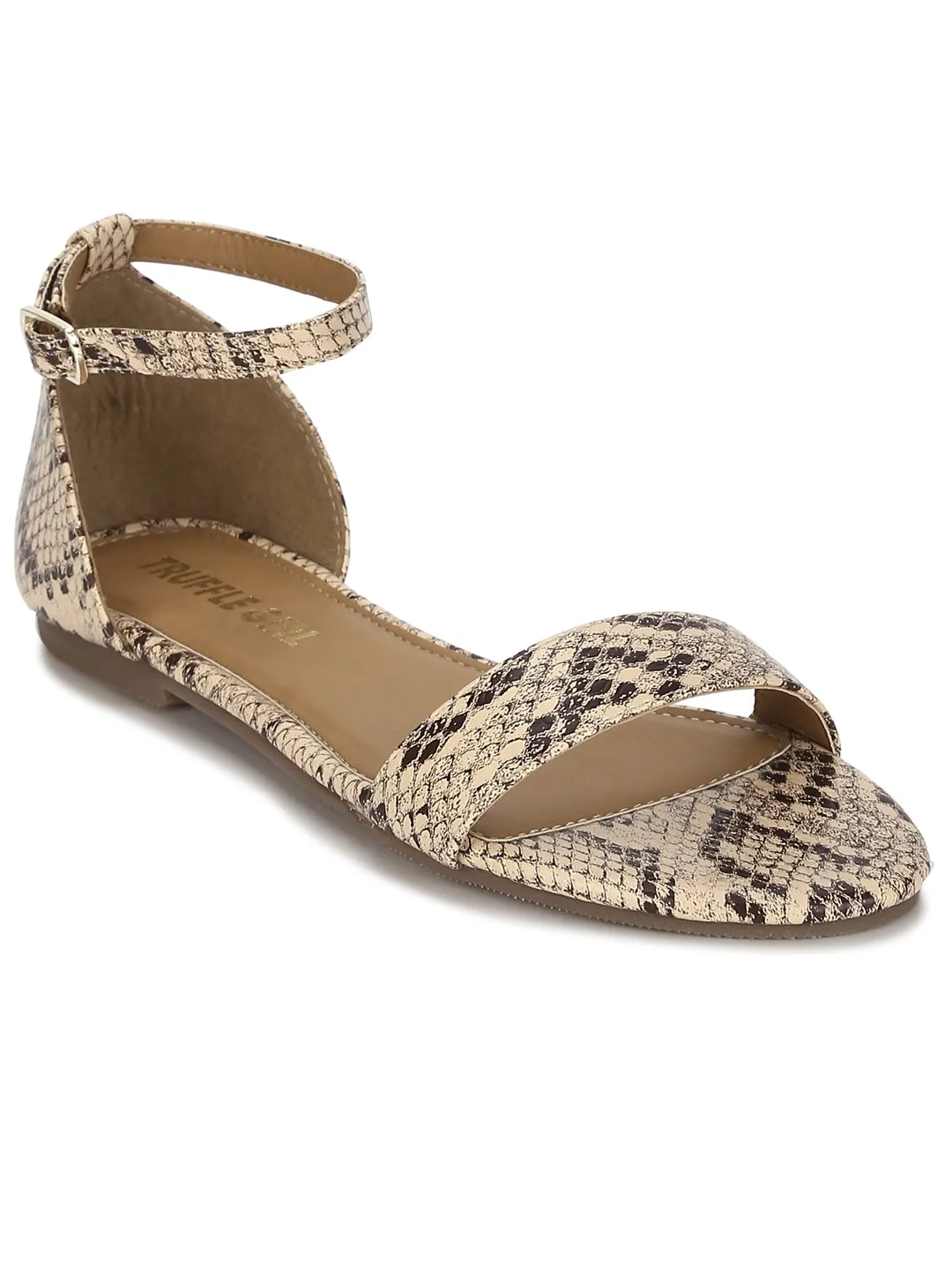 Sandales plates à boucle en PU couleur beige serpent