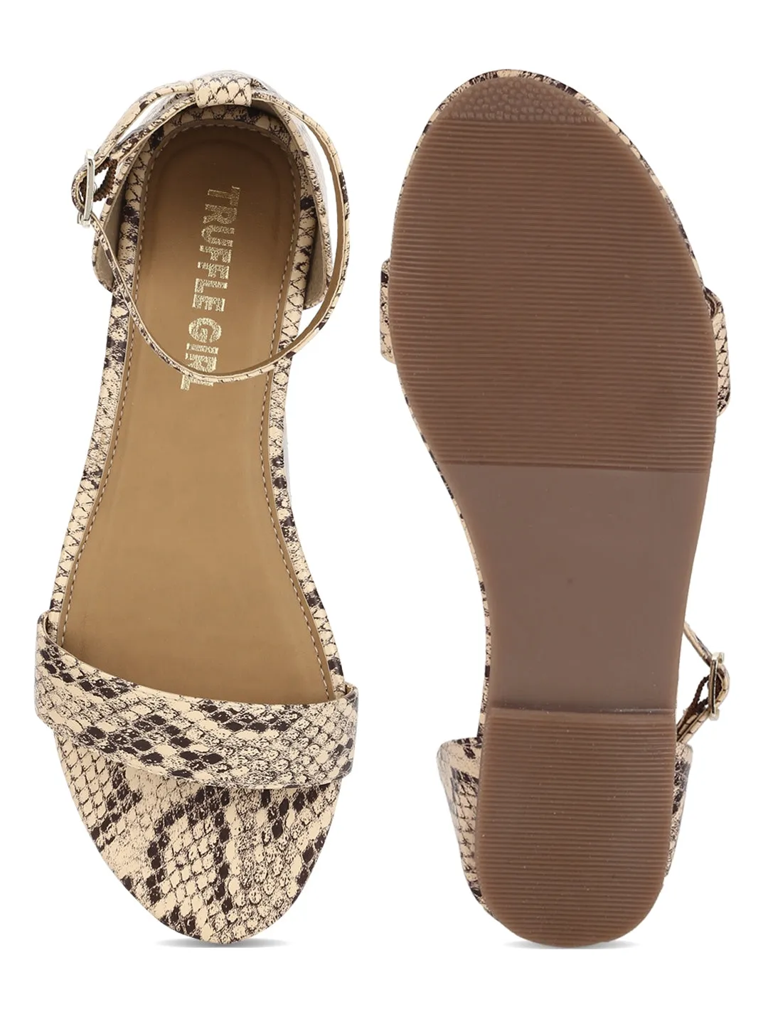 Sandales plates à boucle en PU couleur beige serpent