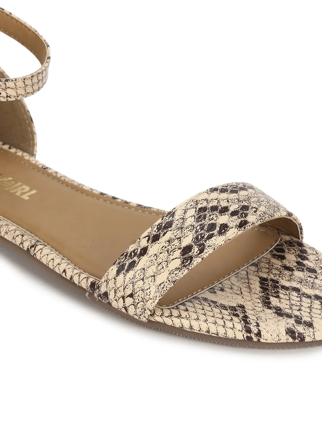 Sandales plates à boucle en PU couleur beige serpent