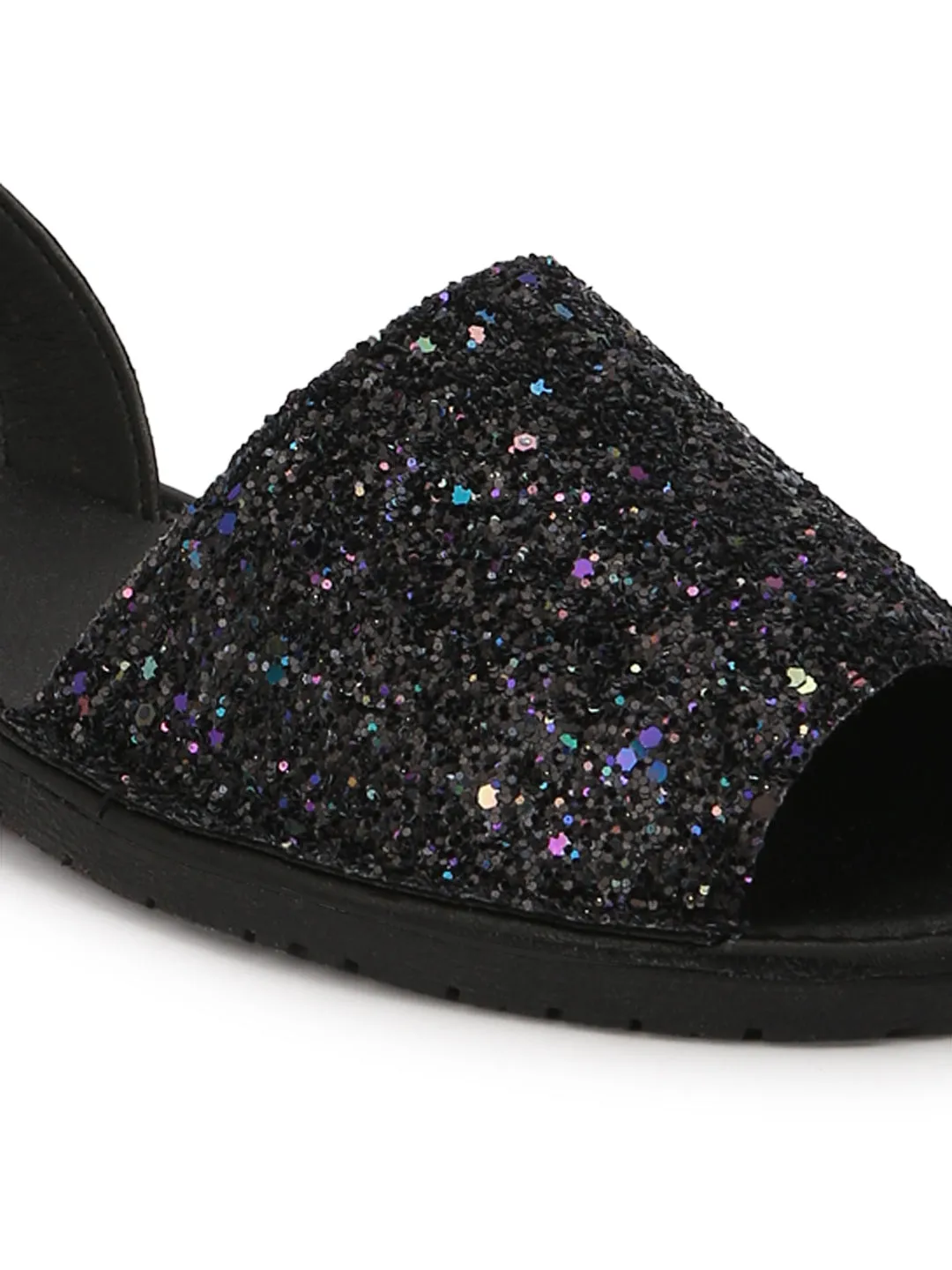 Sandales à enfiler à bout ouvert avec lanière arrière pailletée noire