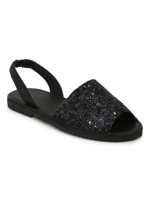 Sandales à enfiler à bout ouvert avec lanière arrière pailletée noire