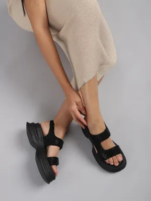 Escarpins élégants à enfiler en PU noir avec strass (TC-RS3637-BLK)