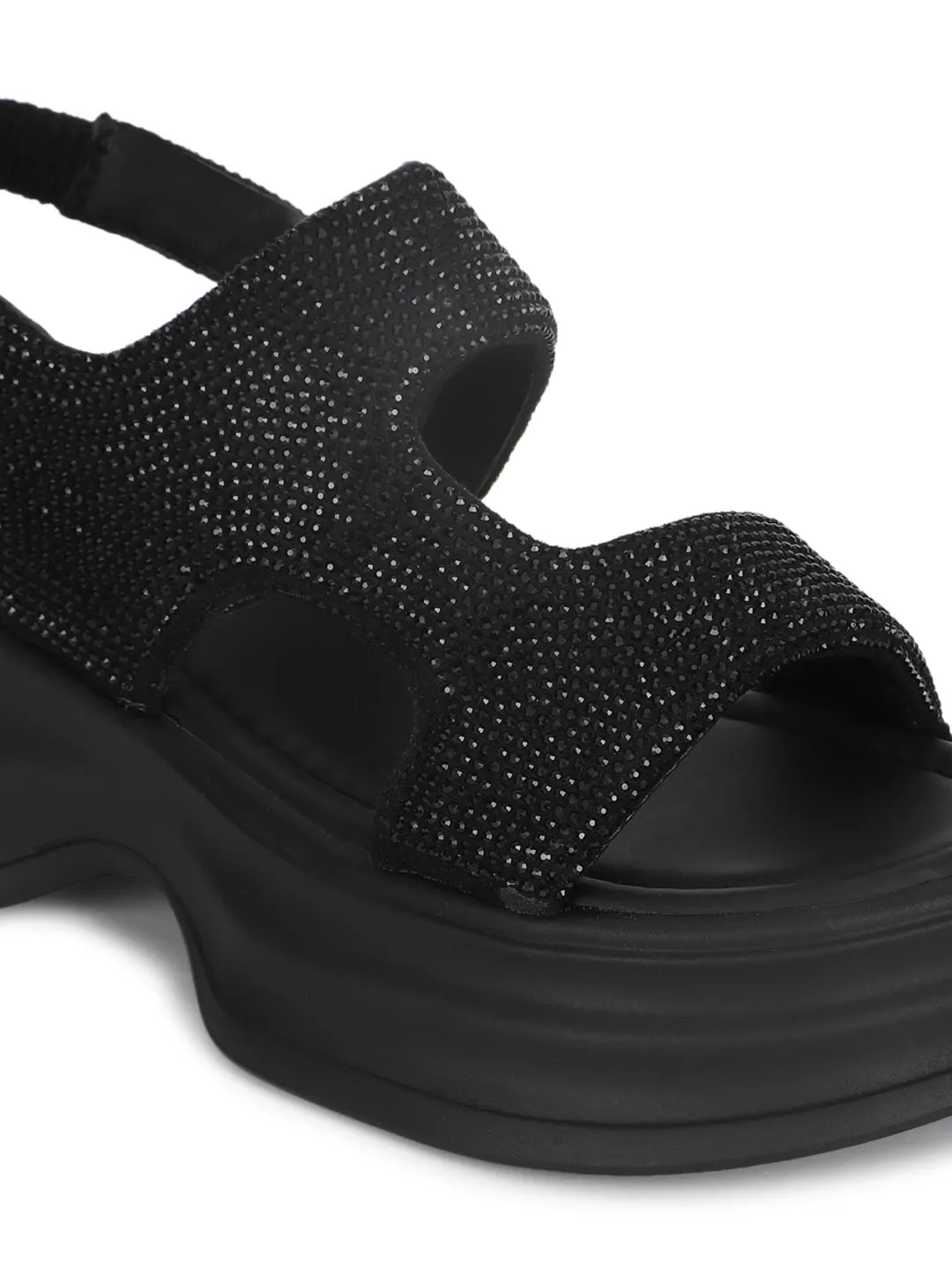 Escarpins élégants à enfiler en PU noir avec strass (TC-RS3637-BLK)