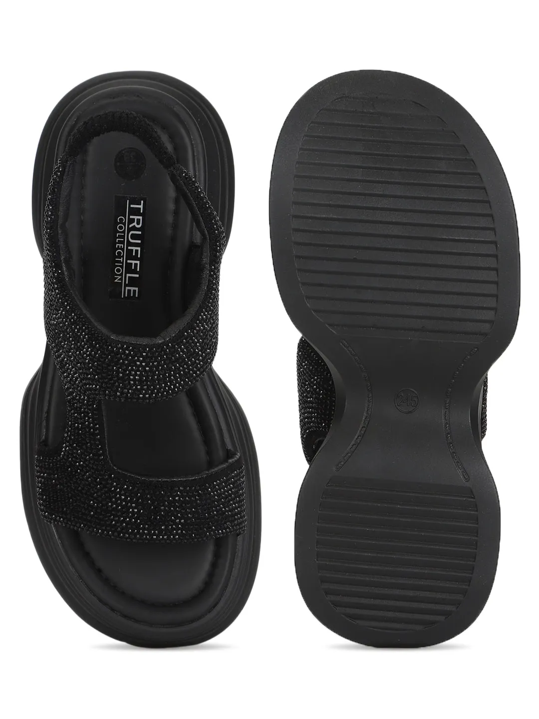 Escarpins élégants à enfiler en PU noir avec strass (TC-RS3637-BLK)