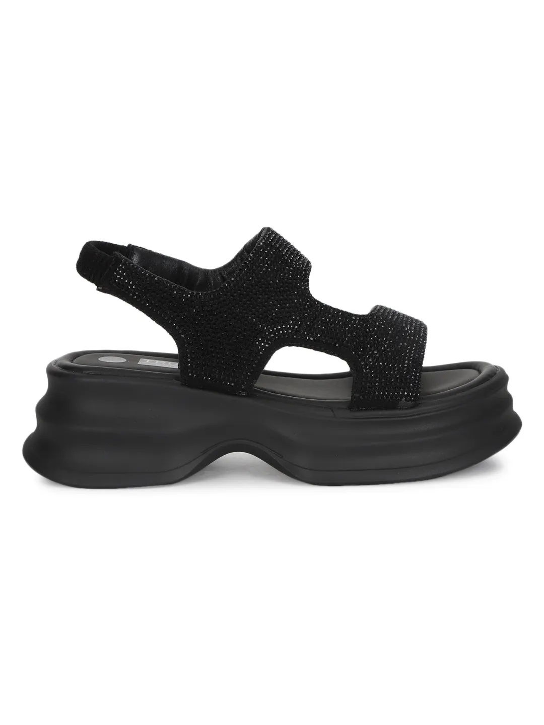 Escarpins élégants à enfiler en PU noir avec strass (TC-RS3637-BLK)