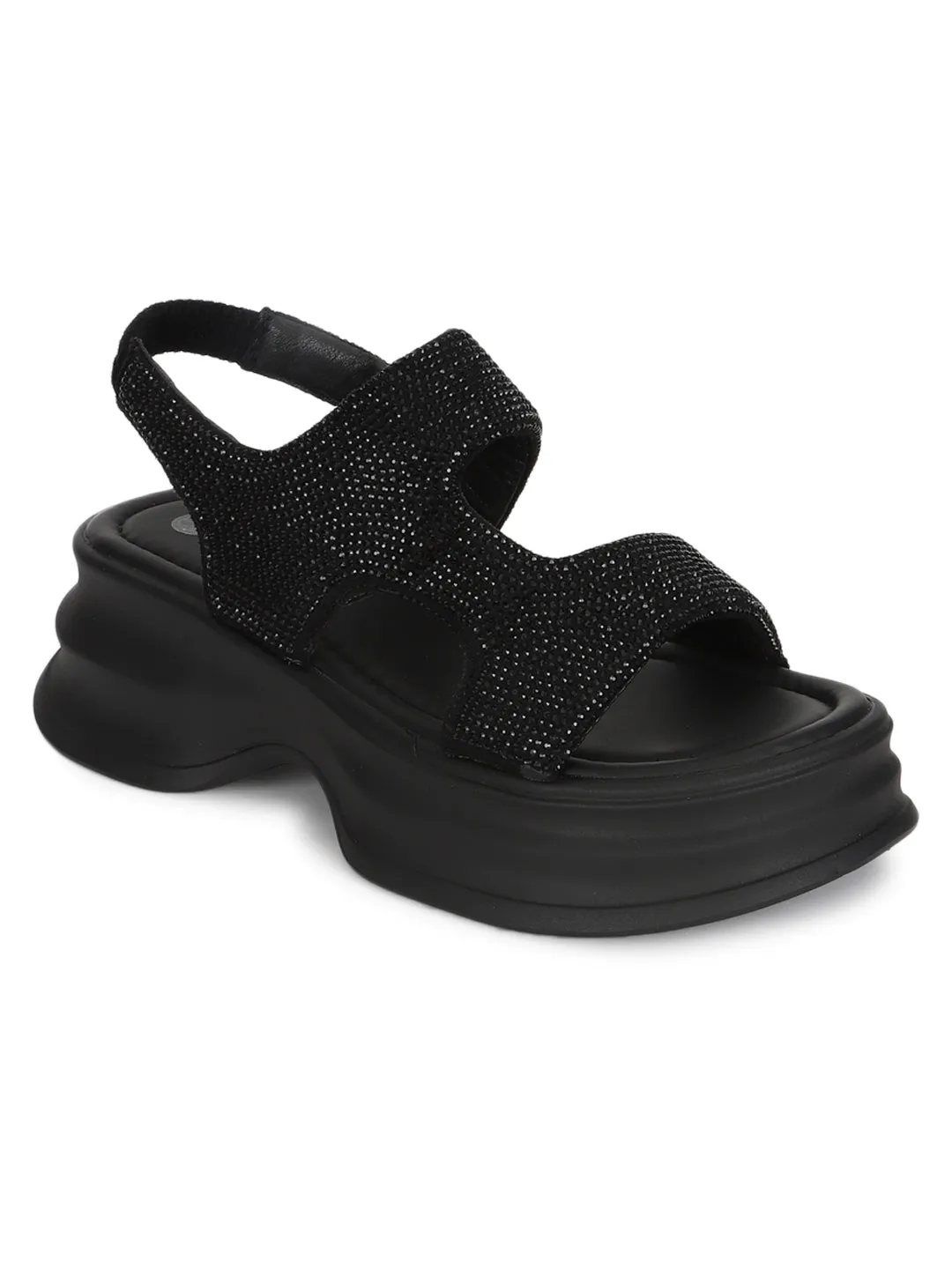 Escarpins élégants à enfiler en PU noir avec strass (TC-RS3637-BLK)