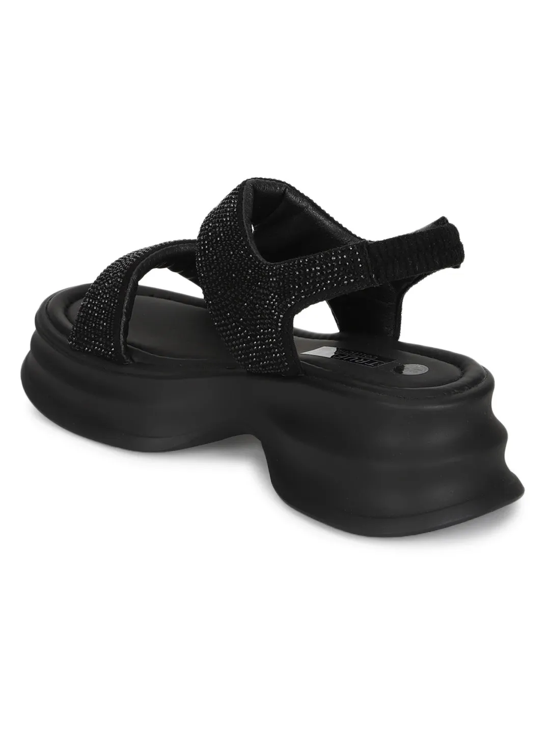 Escarpins élégants à enfiler en PU noir avec strass (TC-RS3637-BLK)