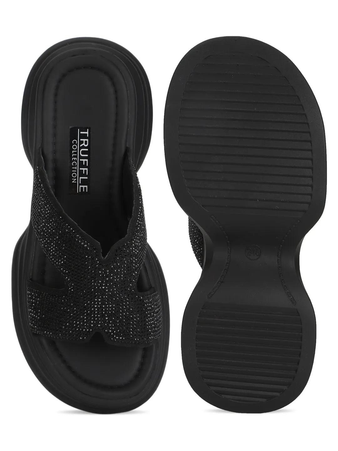 Escarpins élégants à enfiler en PU noir avec strass (TC-RS3638-BLK)
