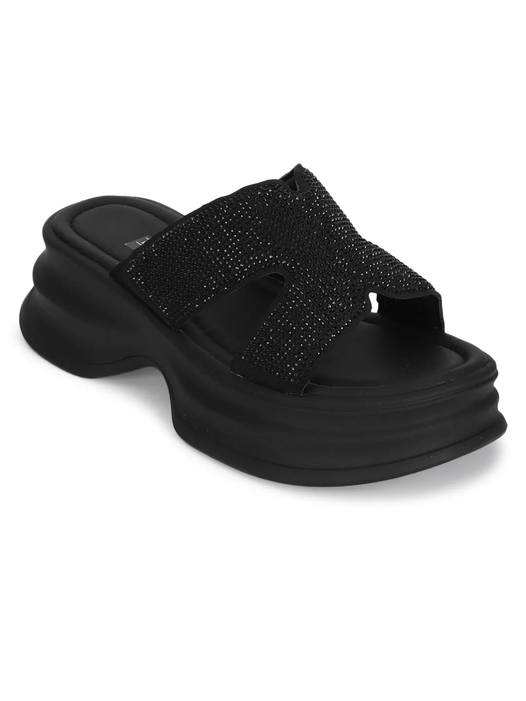 Escarpins élégants à enfiler en PU noir avec strass (TC-RS3638-BLK)