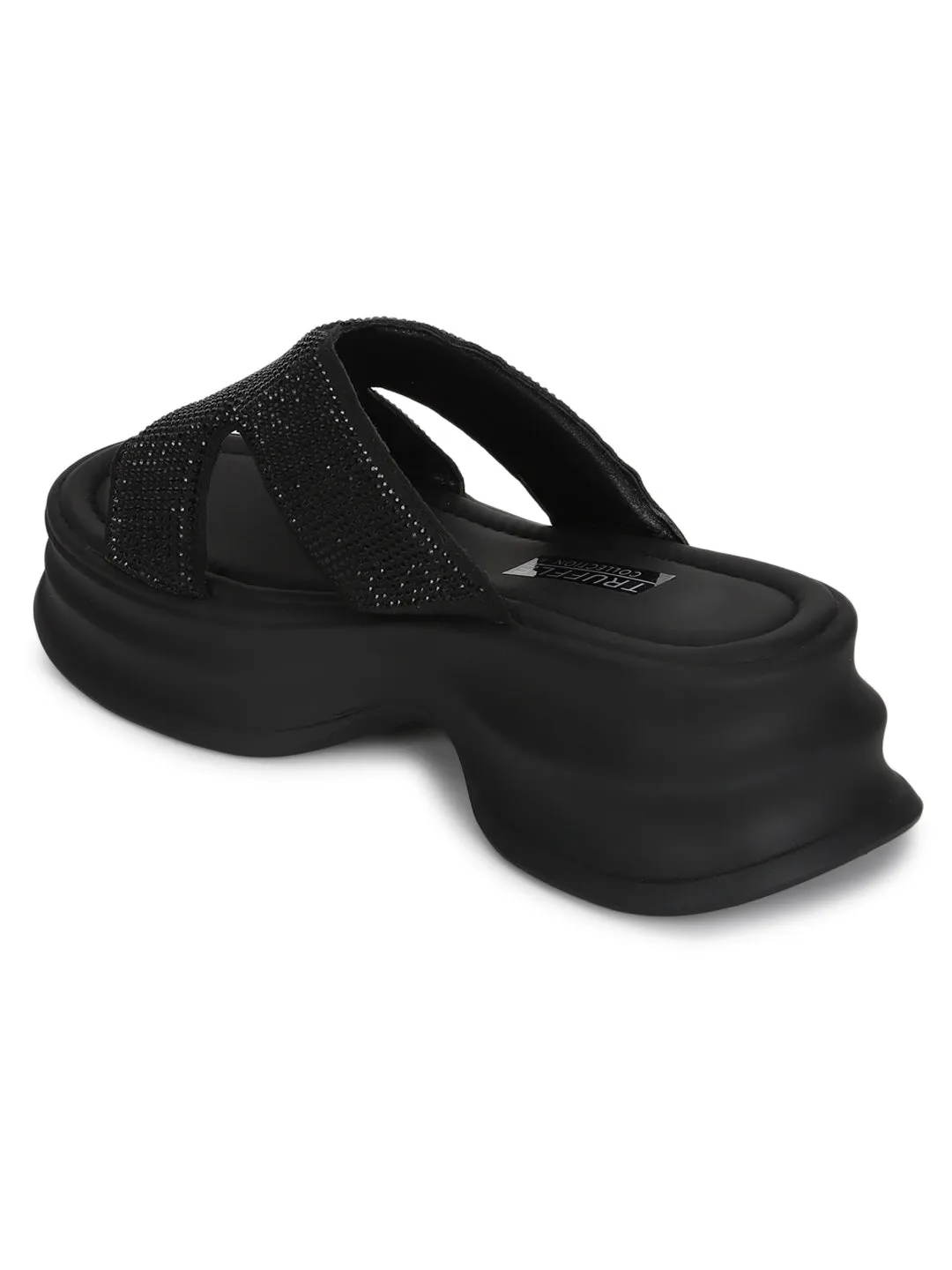 Escarpins élégants à enfiler en PU noir avec strass (TC-RS3638-BLK)