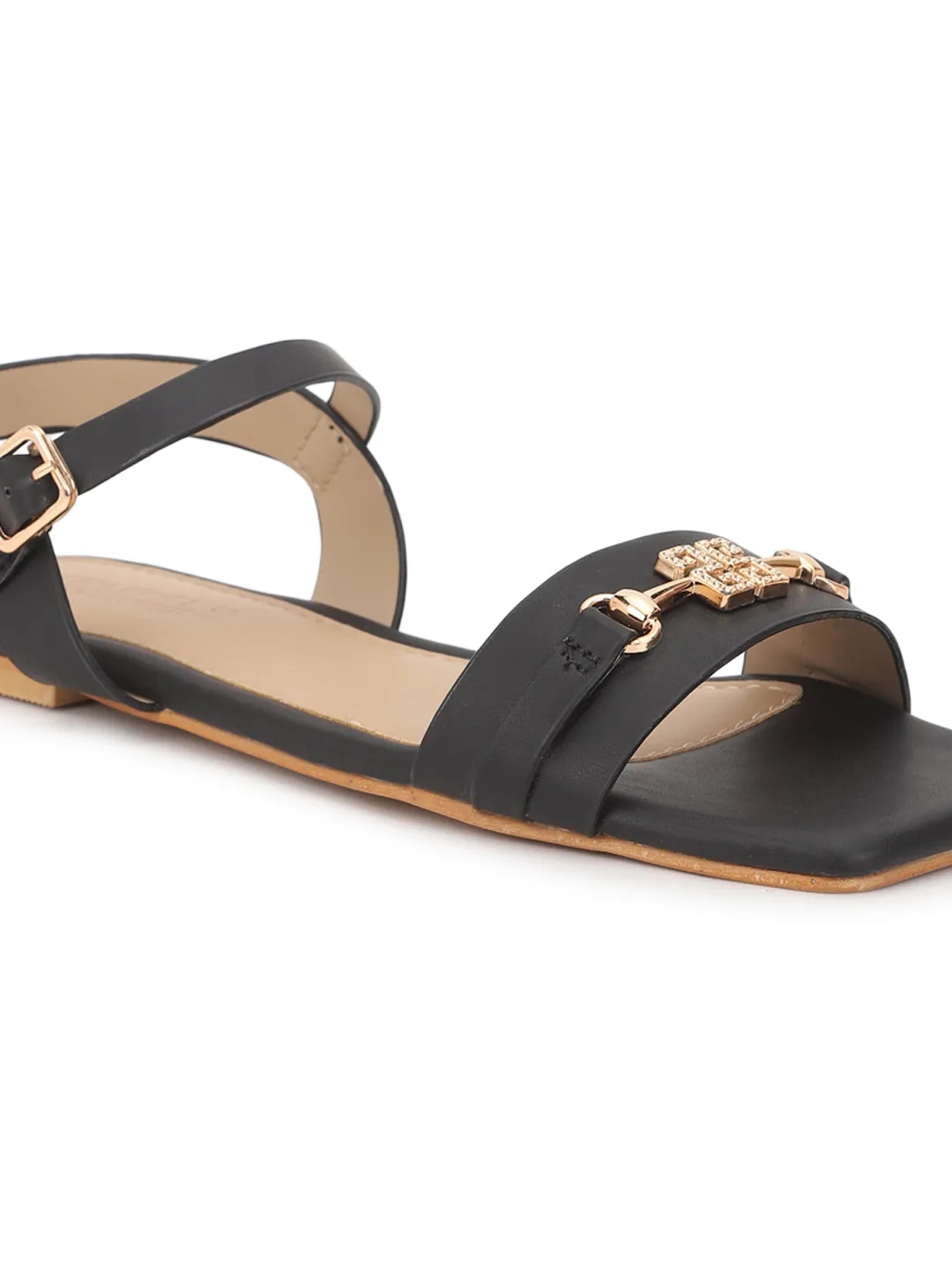 Sandales plates en PU noir (TC-ST-005-BLK)