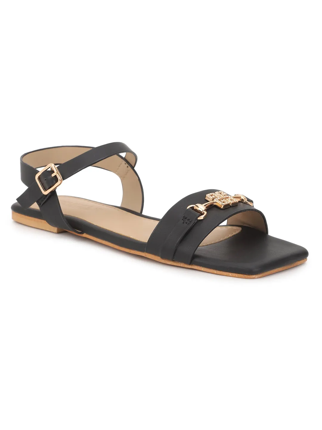 Sandales plates en PU noir (TC-ST-005-BLK)