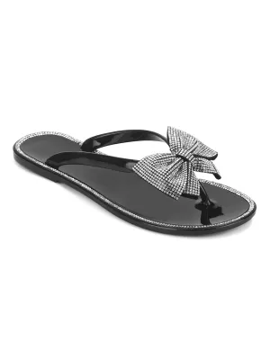 Escarpins à enfiler en PVC noir avec nœud diamanté