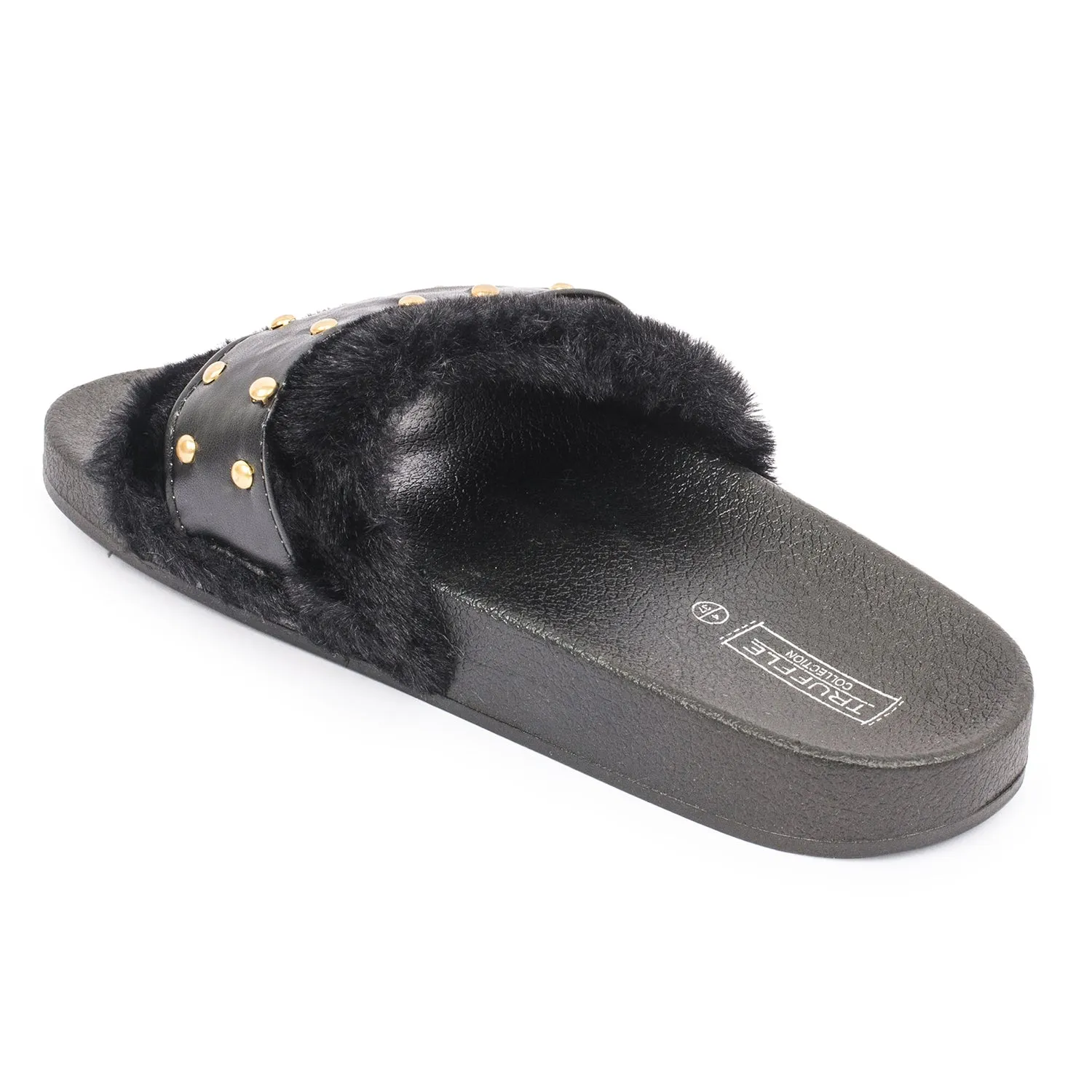 Mules plates en fourrure cloutée noire