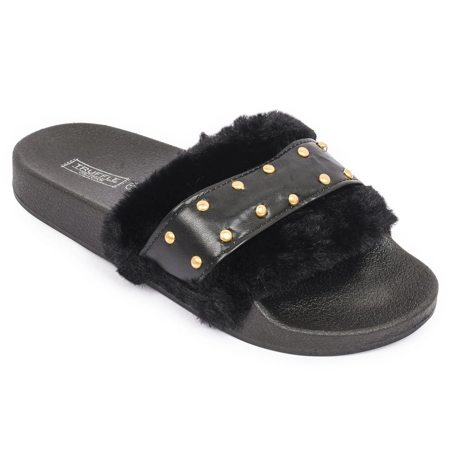 Mules plates en fourrure cloutée noire