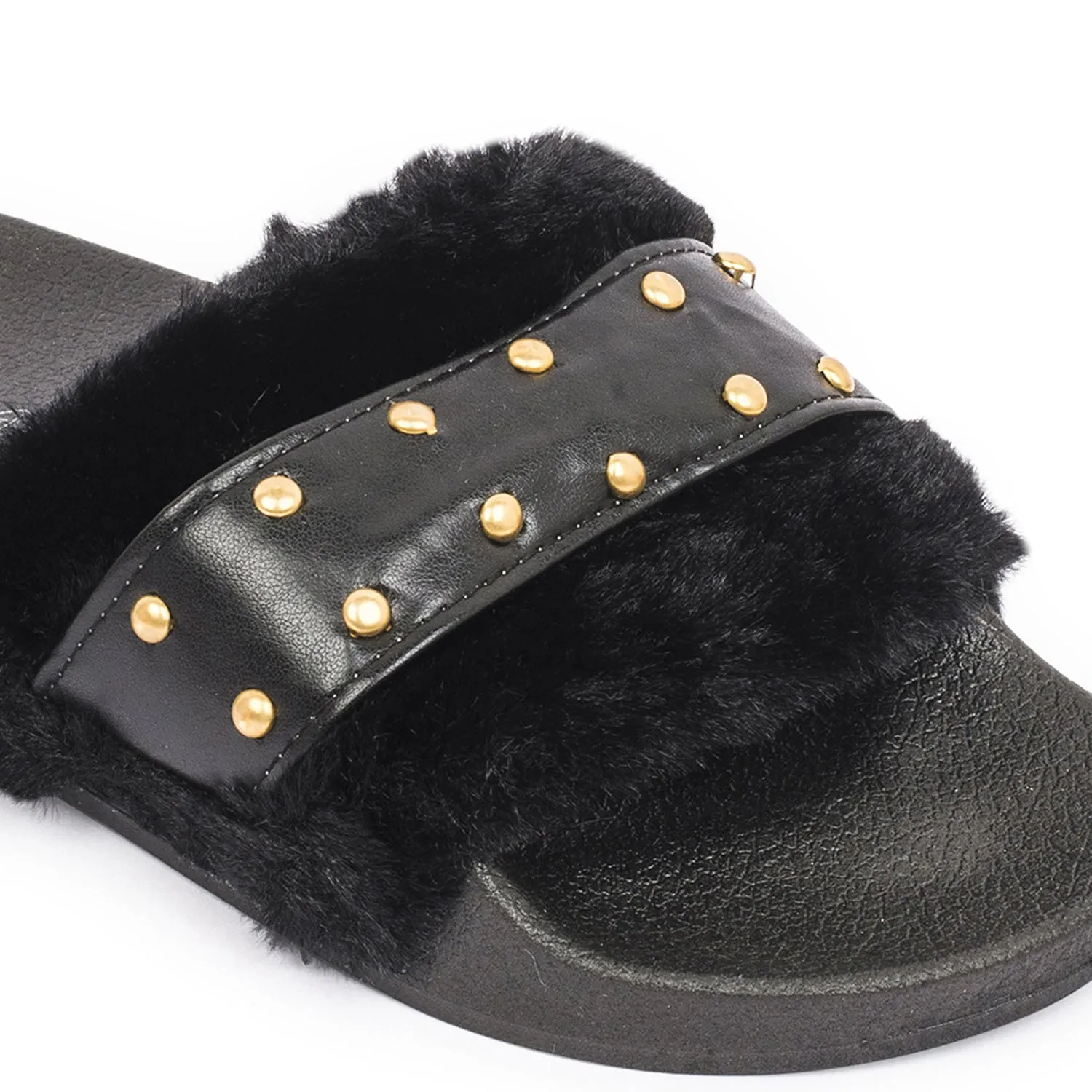 Mules plates en fourrure cloutée noire