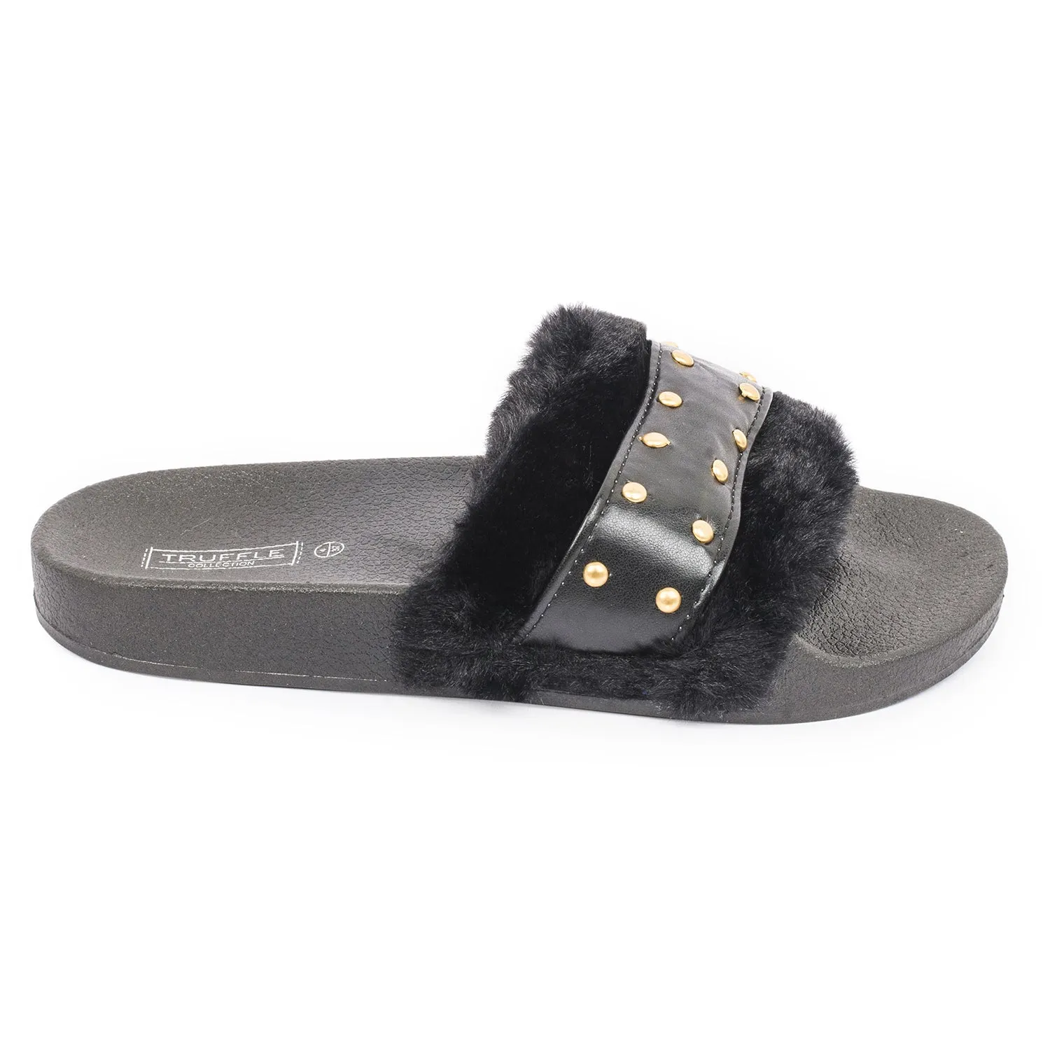 Mules plates en fourrure cloutée noire