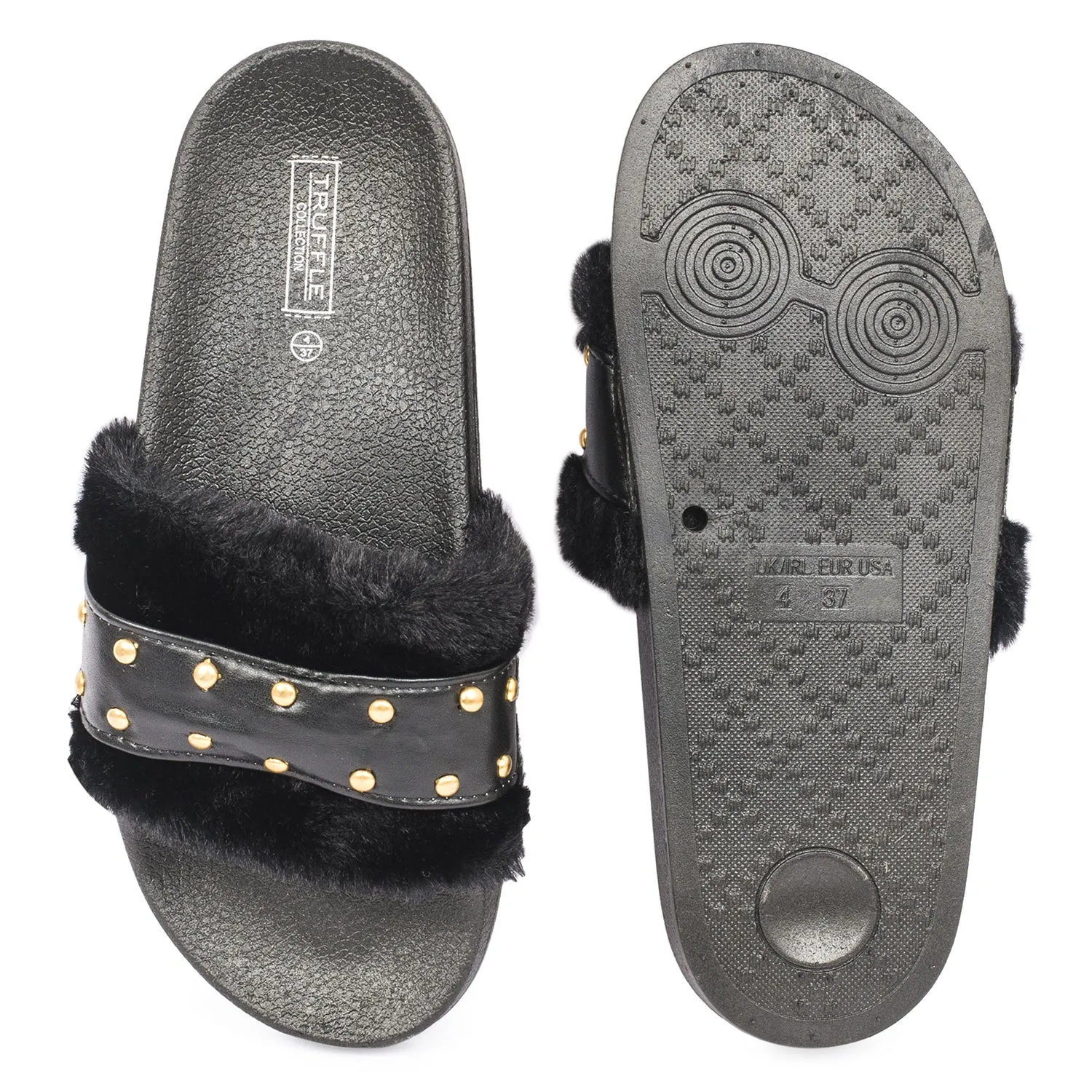Mules plates en fourrure cloutée noire