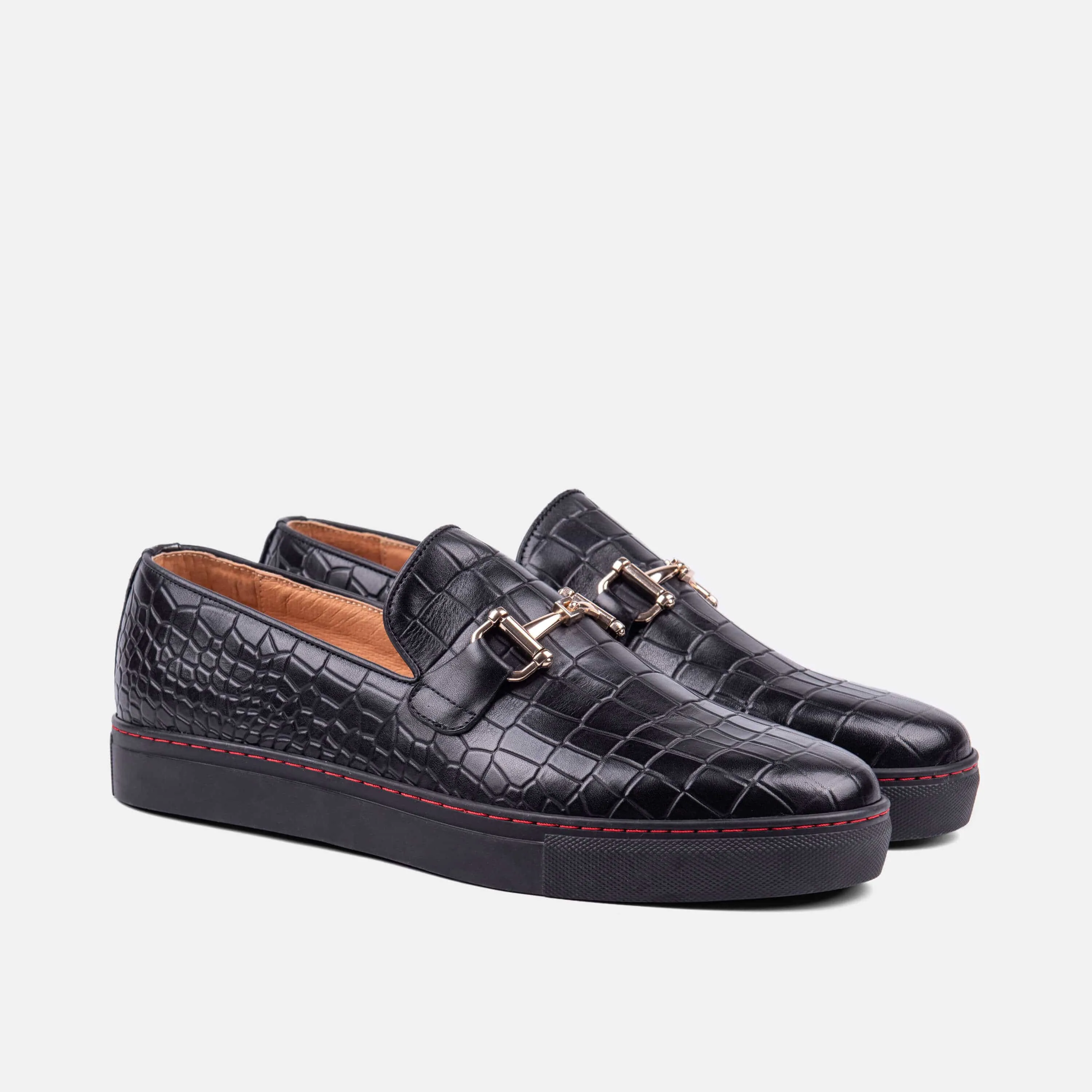 Baskets en cuir de crocodile noir avec mors de cheval Boardwalk