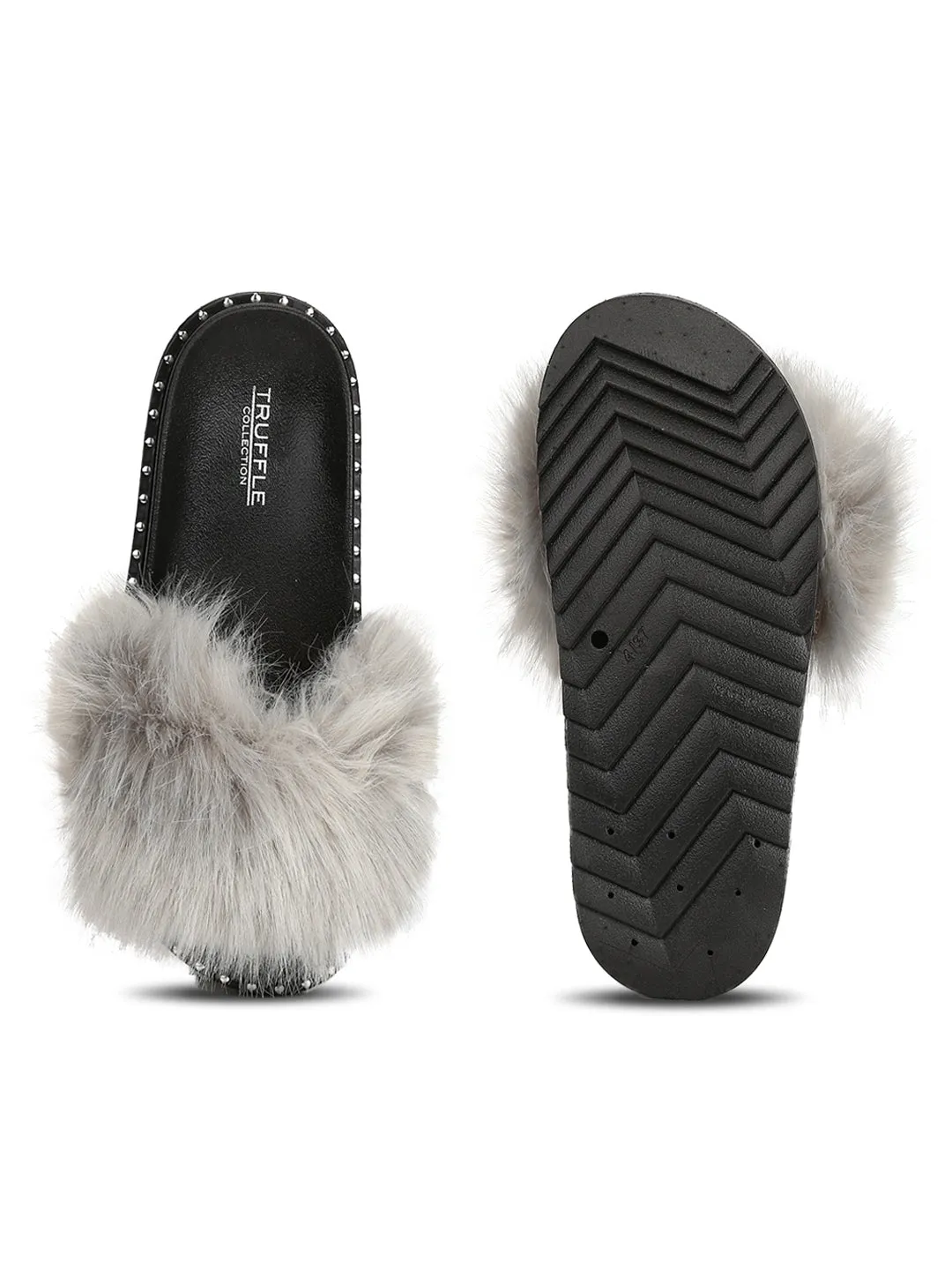 Mules à clous en fourrure grise