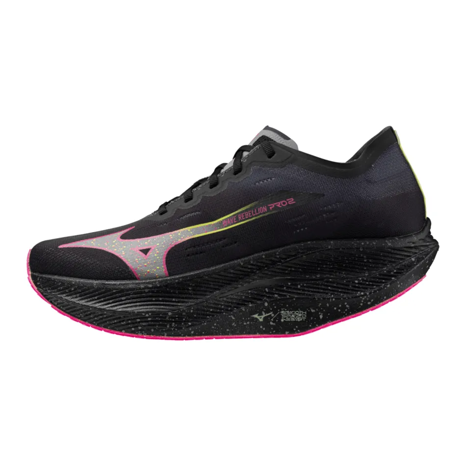 Mizuno Chaussures de Course Unisexe Wave Rebellion Pro 2 en Noir/Argent/Rose/Tetra AW24
