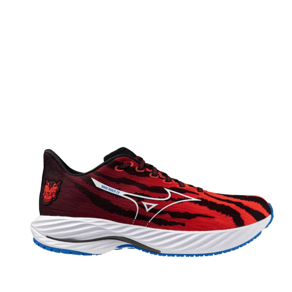 Mizuno Chaussures de Running Unisexe Wave Rider 28 Couleur Oni Demon Rouge Ignition Mizuno/Blanc/Bleu Baseball SS25