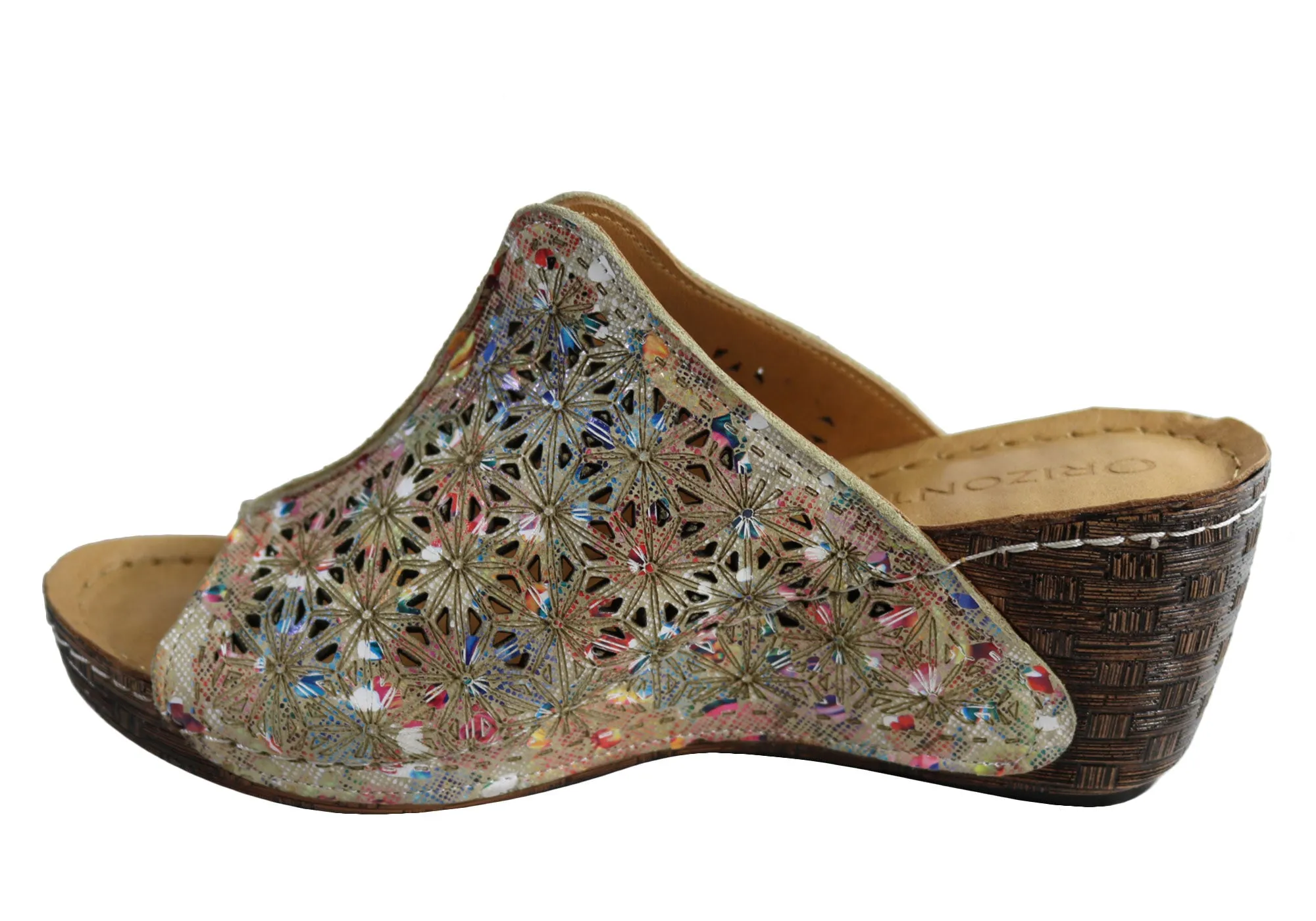 Orizonte Deb Sandales à Glissement Femmes Européennes en Cuir Confortables à Semelle Compensée Orizonte Chaussures