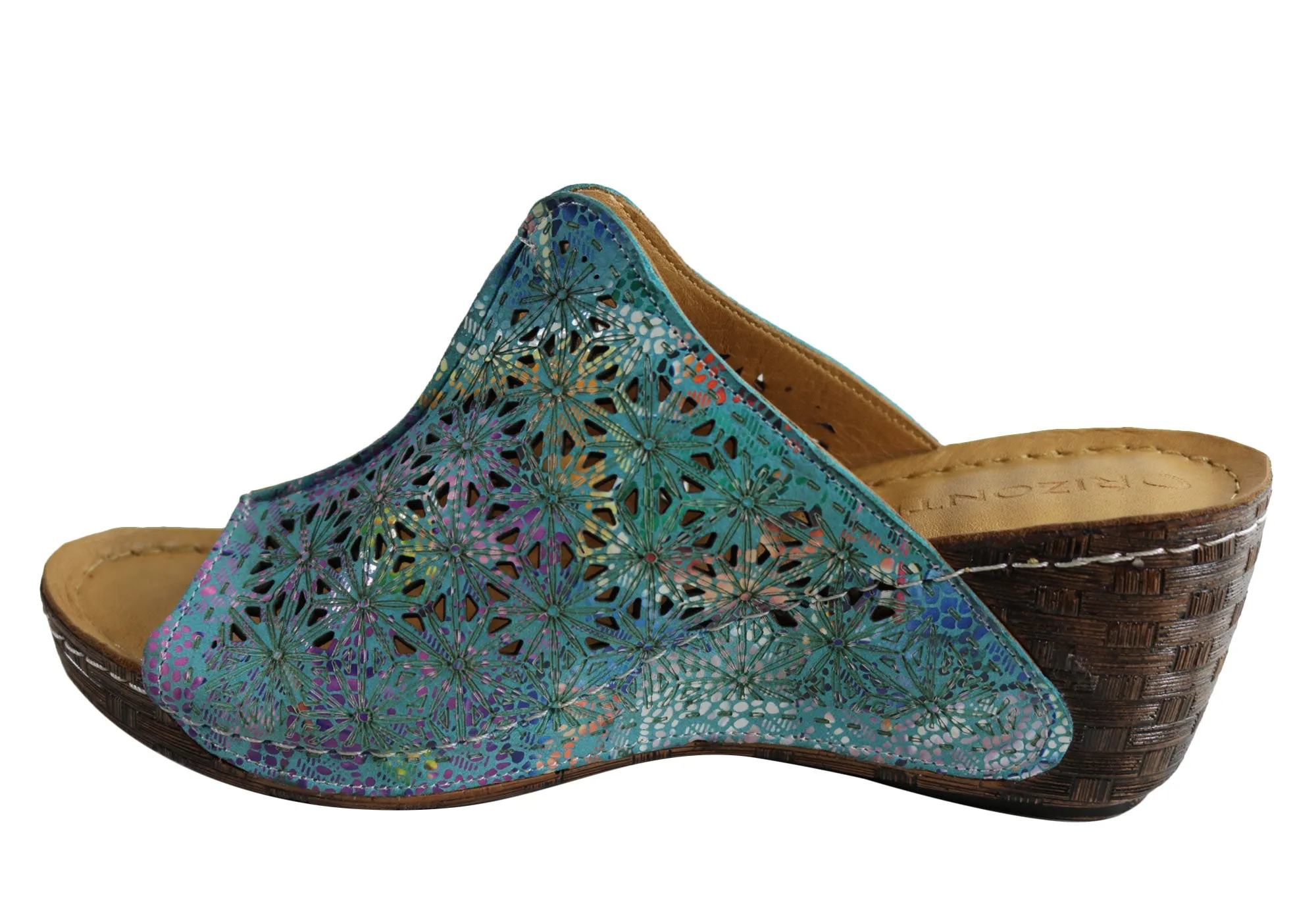 Orizonte Deb Sandales à Glissement Femmes Européennes en Cuir Confortables à Semelle Compensée Orizonte Chaussures