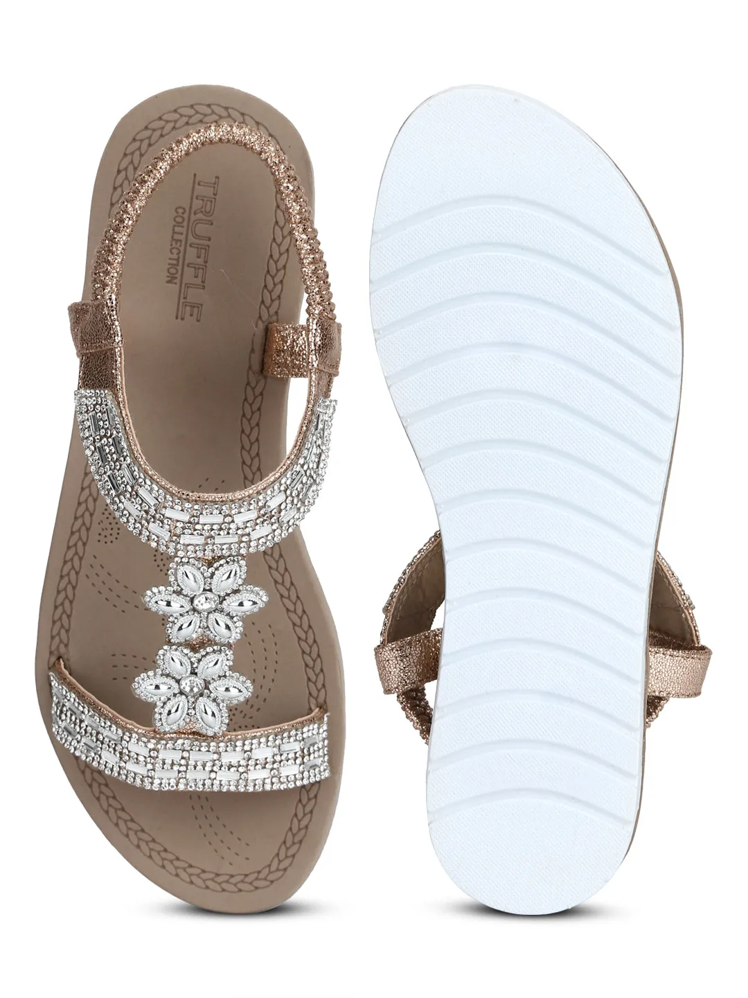 Sandales plates-formes à enfiler en or rose avec diamants