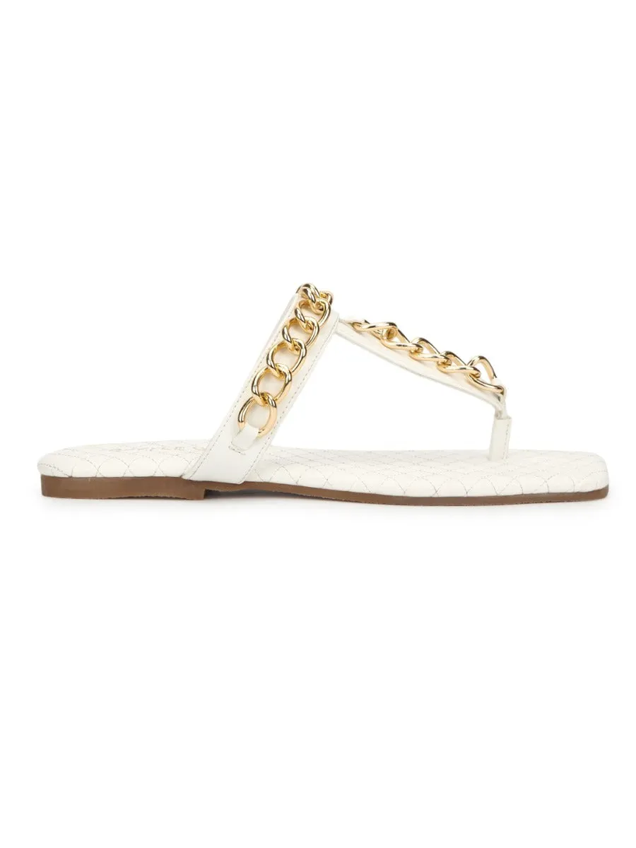 Tongs en PU blanc avec chaîne dorée