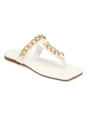 Tongs en PU blanc avec chaîne dorée