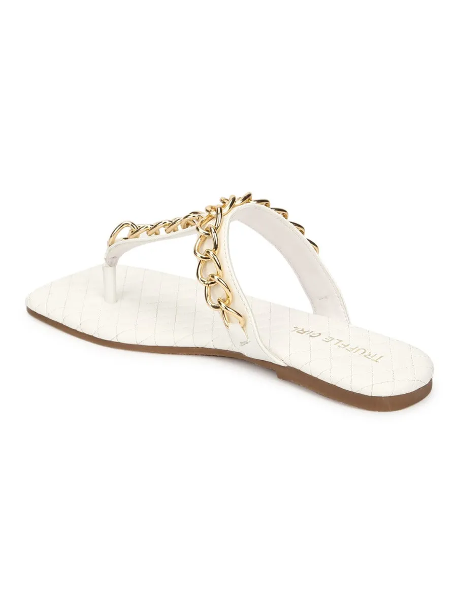 Tongs en PU blanc avec chaîne dorée