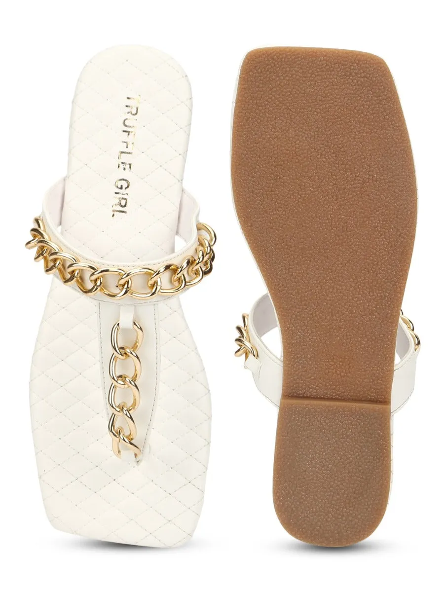 Tongs en PU blanc avec chaîne dorée