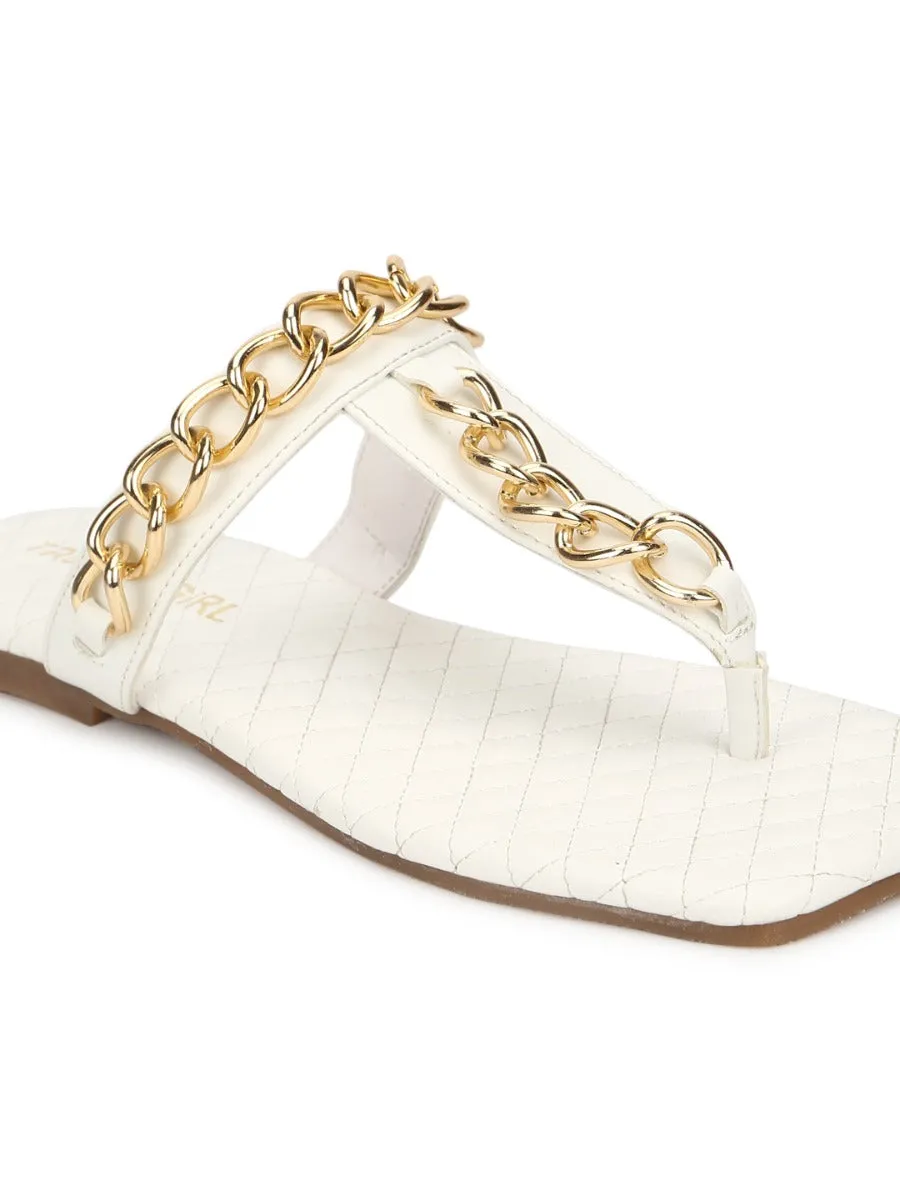 Tongs en PU blanc avec chaîne dorée